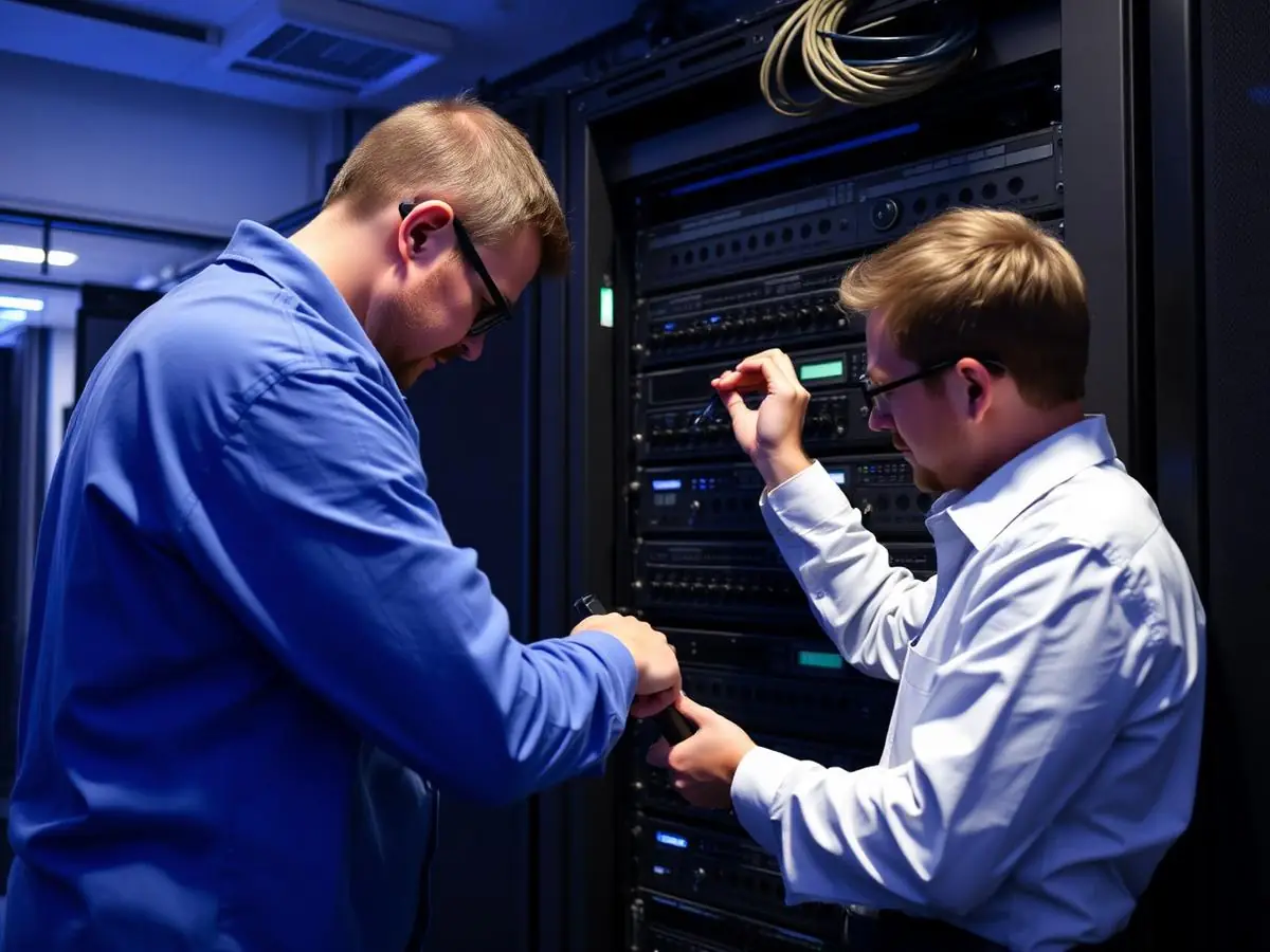 Técnicos trabajando juntos en un rack